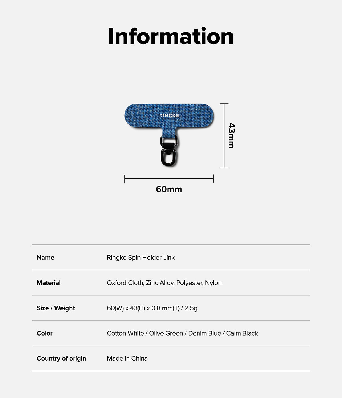 Holder Link Spin - Denim blue fabric phone strap with metal ring, showing 60mm by 43mm dimensions and product specifications.