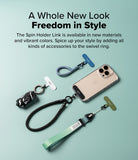 Holder Link Spin - A smartphone with various colorful Ringke swivel ring accessories and lanyards on a light green background.
