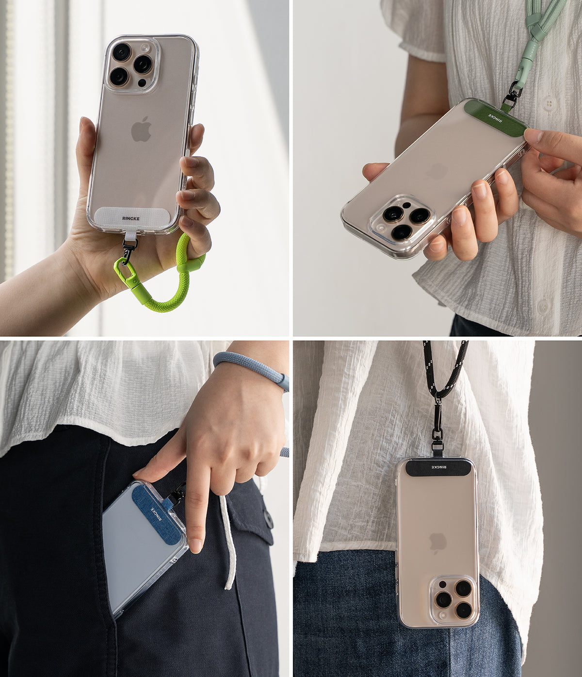Holder Link Spin - Four views of a phone case with a detachable strap attachment in various colors and carrying styles.