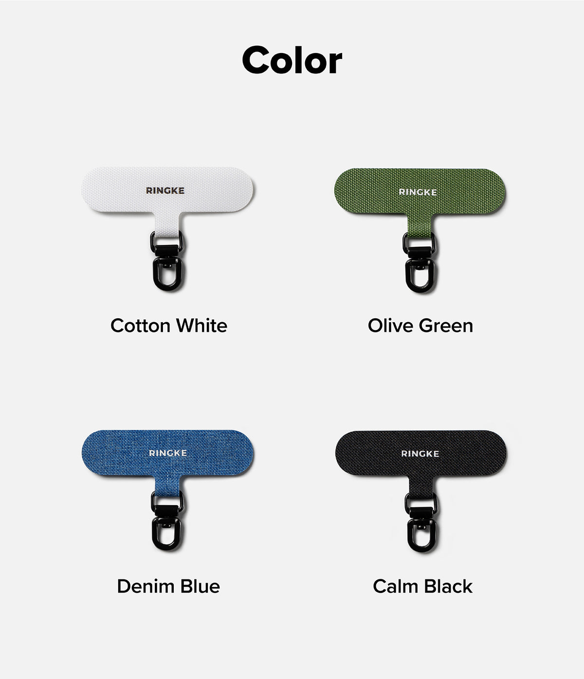 Holder Link Spin - Four Ringke fabric phone strap anchors in Cotton White, Olive Green, Denim Blue, and Calm Black.
