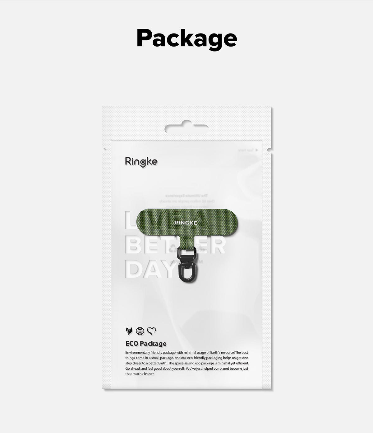 Holder Link Spin - Olive green Ringke phone strap in eco-friendly white retail packaging.