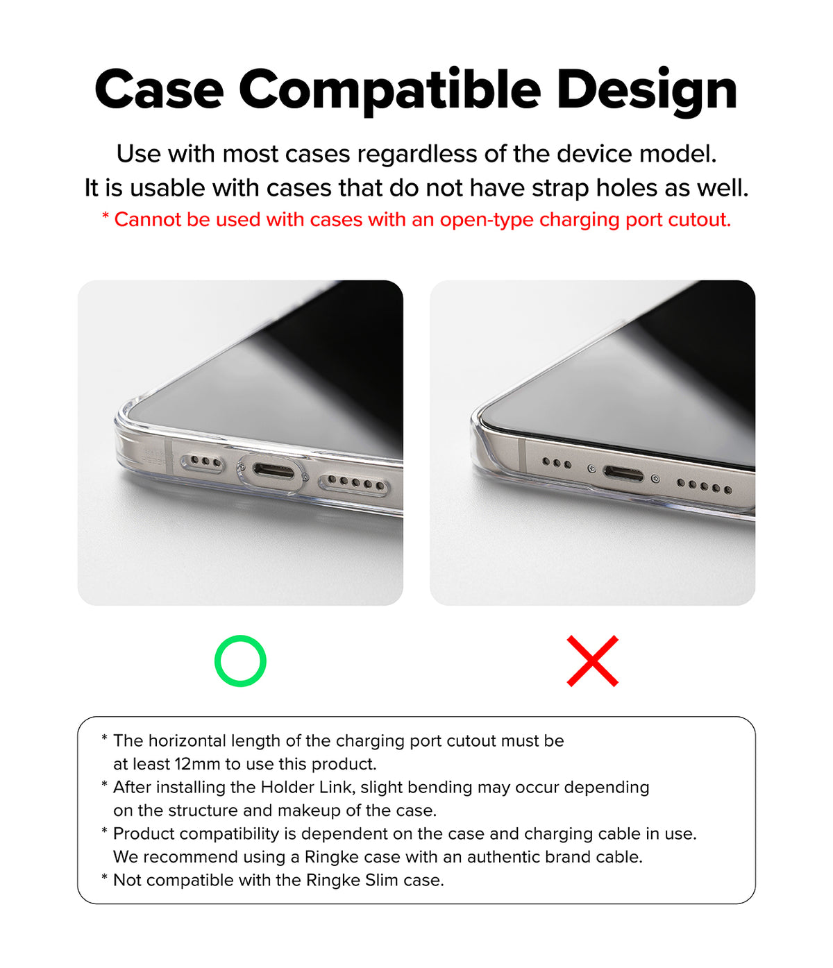 Holder Link Tactical Spin - Comparison of compatible and incompatible phone case charging port cutouts with text instructions.