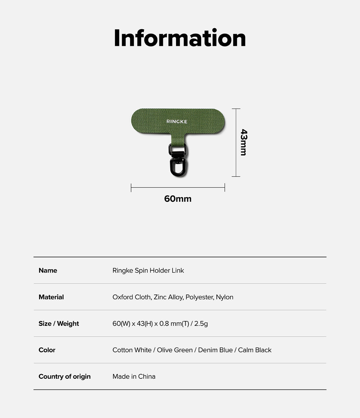 Holder Link Spin - Olive green fabric phone holder link with black metal ring, showing 60mm by 43mm dimensions and specs.