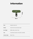 Holder Link Spin - Olive green fabric phone holder link with black metal ring, showing 60mm by 43mm dimensions and specs.