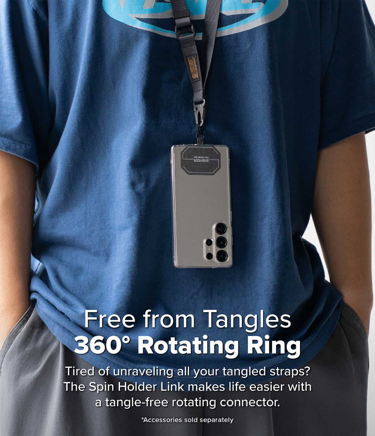 Holder Link Tactical Spin - A smartphone in a clear case hanging from a neck lanyard with a 360-degree rotating connector.