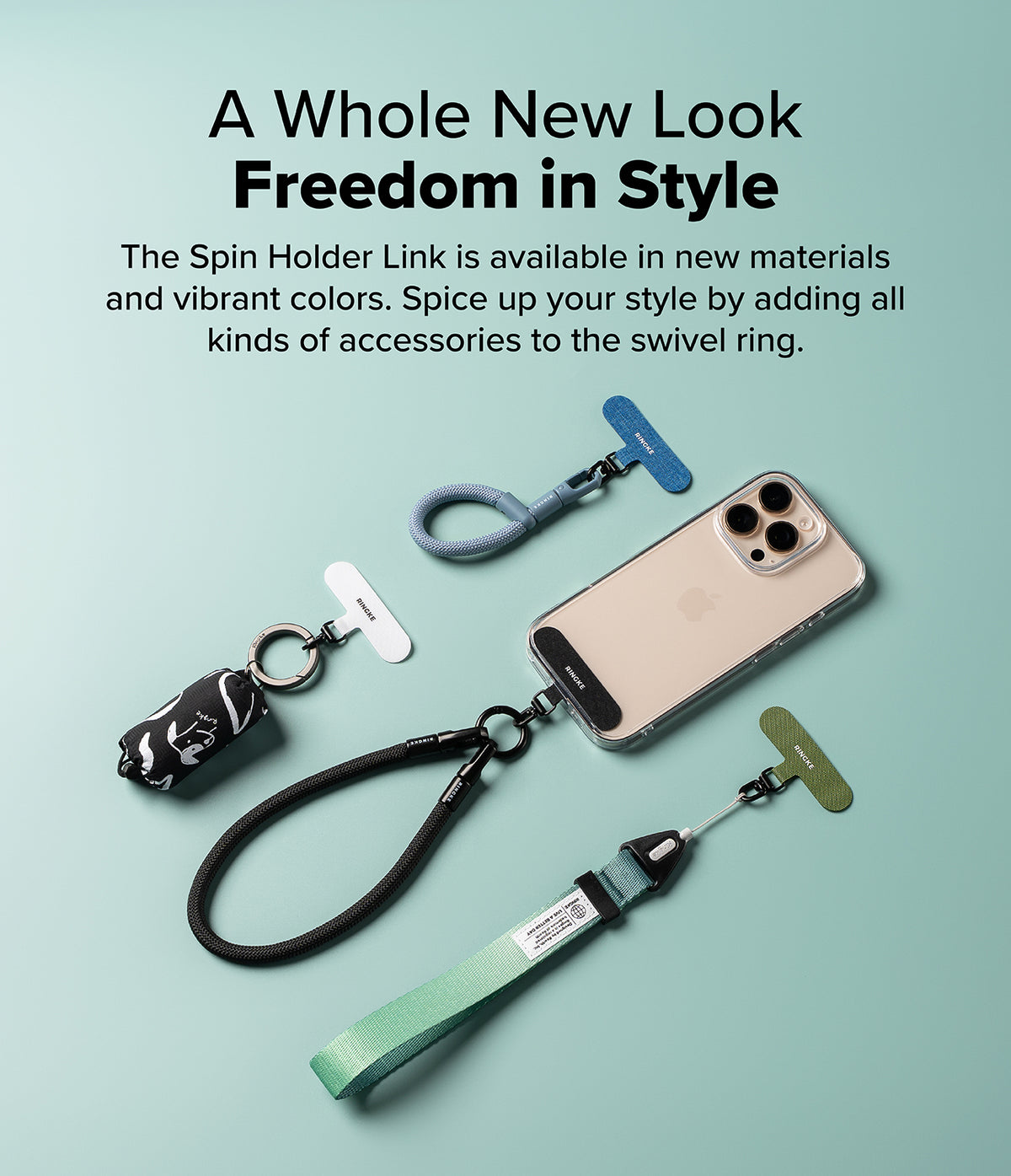 Holder Link Spin - Smartphone with various colorful Ringke swivel ring accessories and lanyards on a light green background.