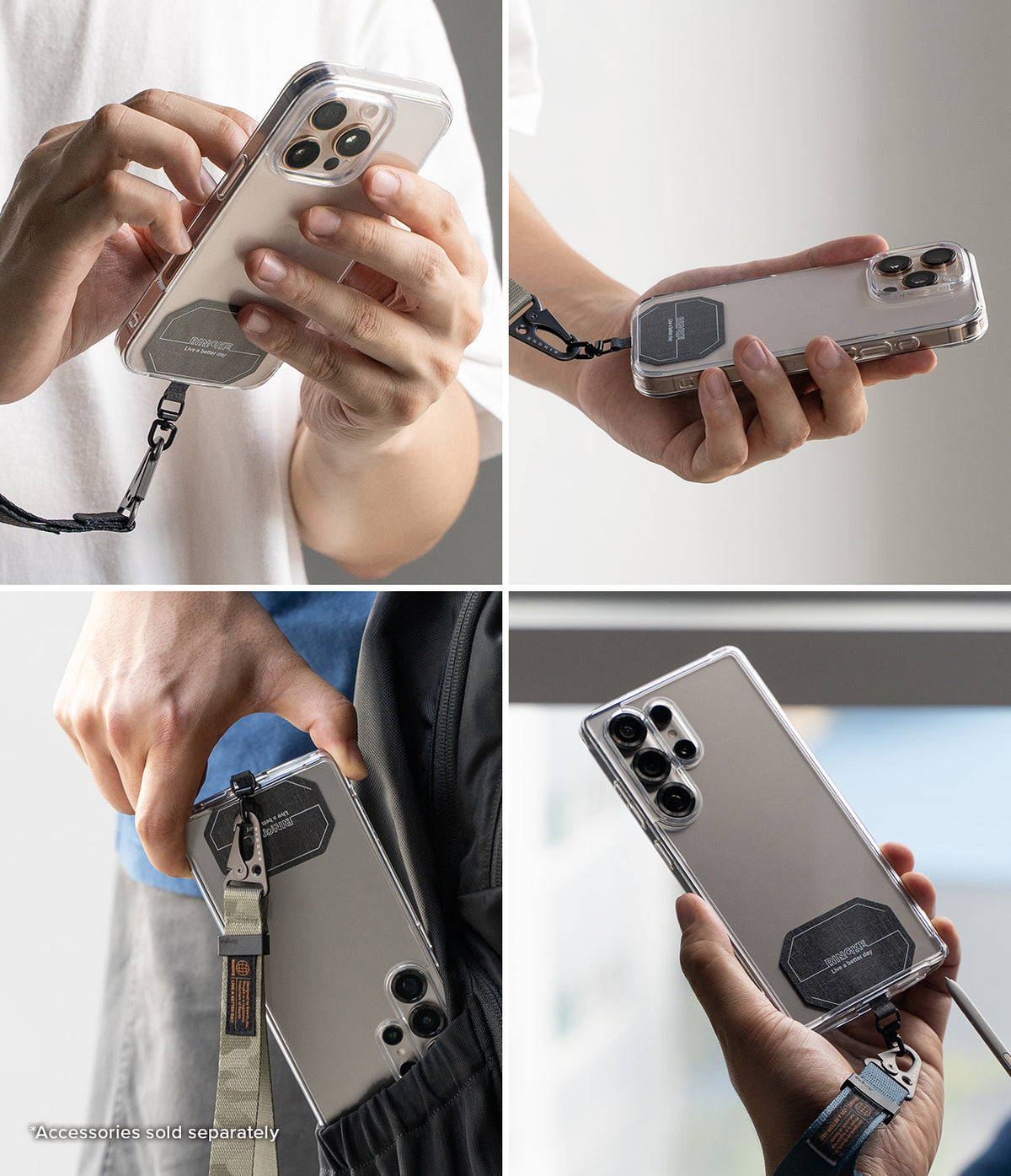 Holder Link Tactical Spin - Four views of a phone case with a tactical adhesive strap mount and carabiner lanyard.