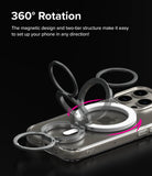 Ringke Smart Ring Magnetic - A gray magnetic ring holder on a smartphone showing 360-degree rotation with a pink arrow.