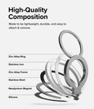Ringke Smart Ring Magnetic - Exploded view showing layers of zinc alloy, stainless iron, steel, magnet, and silicone.