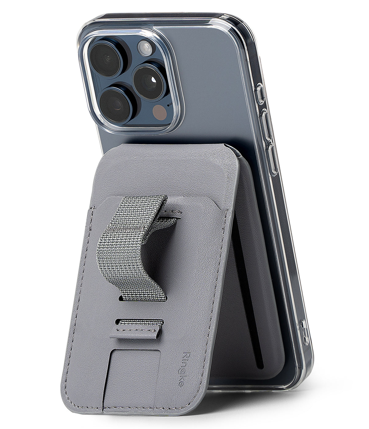 Card Holder | Stand Grip Magnetic Card Holder Wallet - Card Holder - Gray magnetic wallet attached to a smartphone, featuring a fabric finger strap and integrated kickstand.