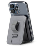 Card Holder | Stand Grip Magnetic Card Holder Wallet - Card Holder - Gray magnetic wallet attached to a smartphone, featuring a fabric finger strap and integrated kickstand.