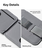 Card Holder | Stand Grip Magnetic Card Holder Wallet - Card Holder - Close-up of gray magnetic wallet showing hidden free-stop hinge and durable polyester webbing strap details.