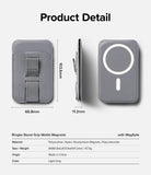 Card Holder | Stand Grip Magnetic Card Holder Wallet - Card Holder - Technical diagram showing dimensions and features of a gray magnetic phone wallet with a finger strap.