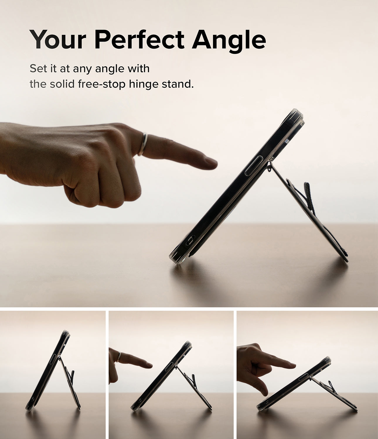 Card Holder | Stand Grip Magnetic Card Holder Wallet - Card Holder - A hand adjusts a smartphone on a magnetic stand, showing various viewing angles on a desk.