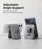 Card Holder | Stand Grip Magnetic Card Holder Wallet - Card Holder - Two smartphones with grey magnetic card holder stands propped up in landscape and portrait orientations.