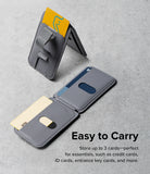 Card Holder | Stand Grip Magnetic Card Holder Wallet - Card Holder - Gray magnetic wallet with a finger strap, shown folded as a stand and open holding three cards.