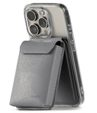 Card Holder | Stand Pocket Magnetic - Gray magnetic card holder attached to a phone, folded out to act as a stand.