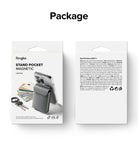 Card Holder | Stand Pocket Magnetic - Front and back view of Ringke magnetic card holder packaging with product details.