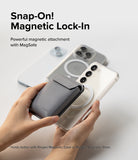 Card Holder | Stand Pocket Magnetic - Hands attaching a grey magnetic card wallet to a clear phone case with MagSafe.