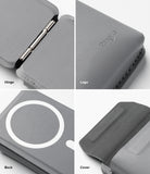 Card Holder | Stand Pocket Magnetic - Four close-up views showing the metal hinge, embossed logo, magnetic ring, and cover.