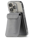 Card Holder | Stand Wallet Magnetic - Grey magnetic wallet attached to a smartphone, folded into a kickstand position.
