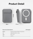 Card Holder | Stand Wallet Magnetic - Gray magnetic wallet showing front, side, and back views with dimensions and specs.