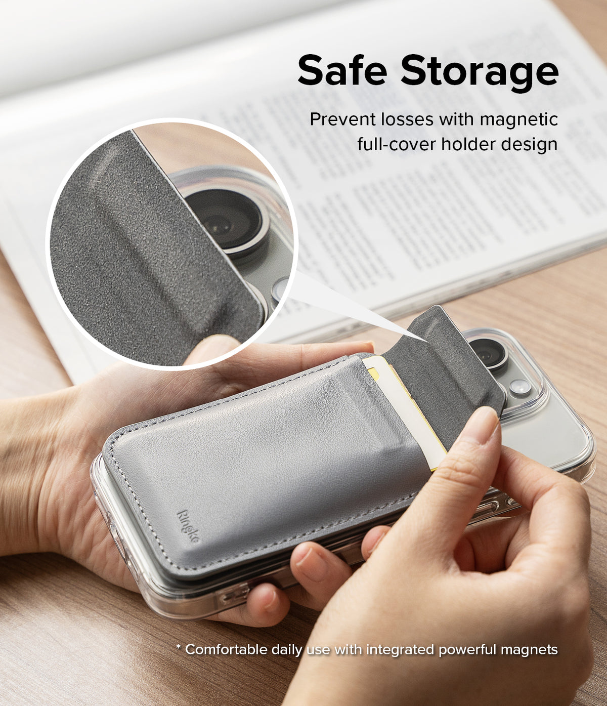 Card Holder | Stand Wallet Magnetic - Hands opening a grey magnetic phone wallet to reveal a card inside, with a zoomed-in view of the secure flap.