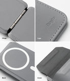 Card Holder | Stand Wallet Magnetic - Four close-up views showing the hinge, Ringke logo, magnetic ring, and textured cover.