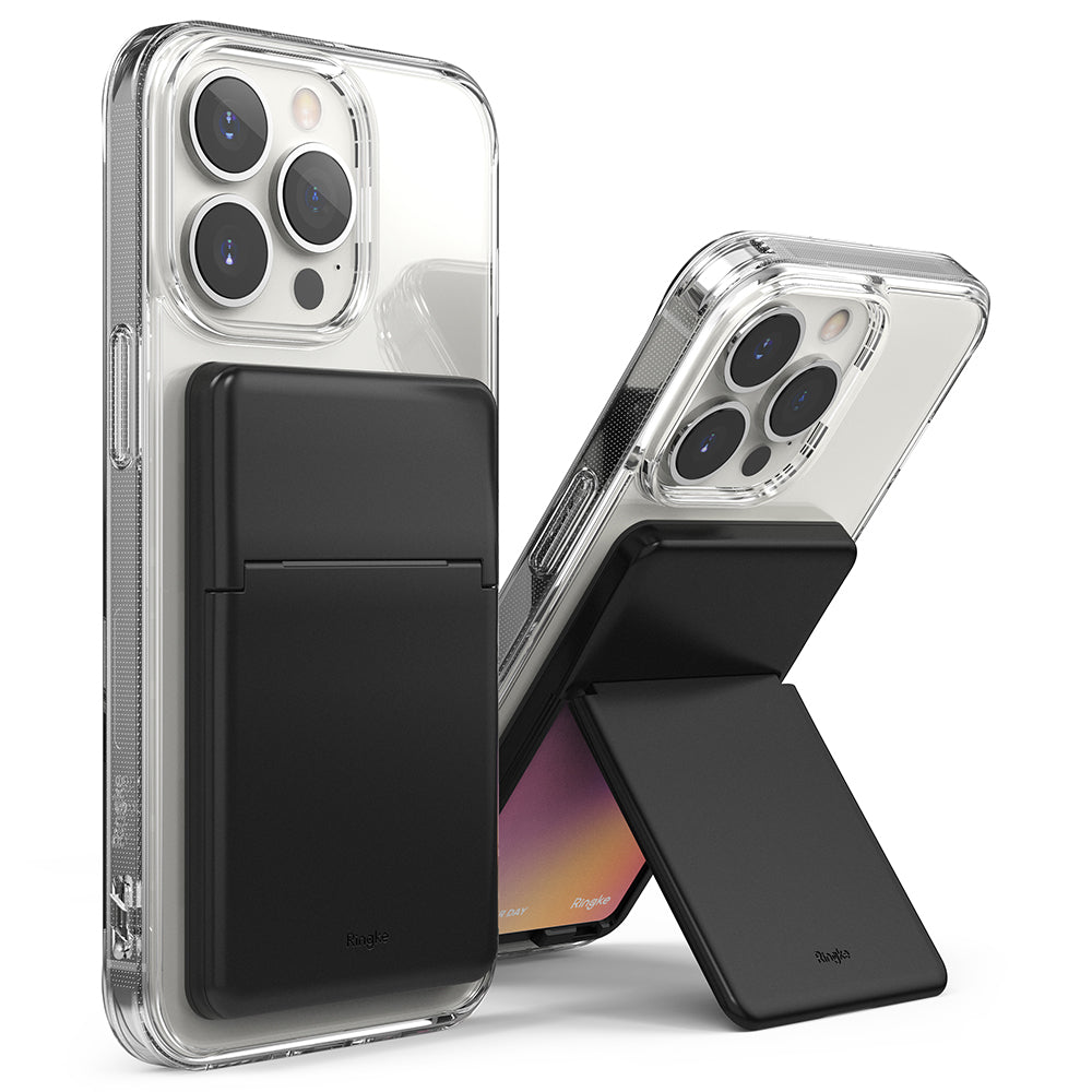 Card Holder | Stand Slot - Black magnetic card holder attached to a clear phone case, shown flat and as a kickstand.