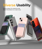 Card Holder | Stand Slot - Five smartphones with various colored cases featuring attached card holder stands floating in mid-air.