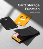 Card Holder | Stand Slot - Black card holder storing two cards, with two additional cards displayed on a grey surface.