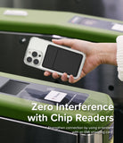 Card Holder | Stand Slot - Hand holding a phone with a black card holder case over a subway turnstile chip reader.