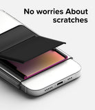 Card Holder | Stand Slot - A black card holder attached to a white phone with a protective inner lining to prevent scratches.