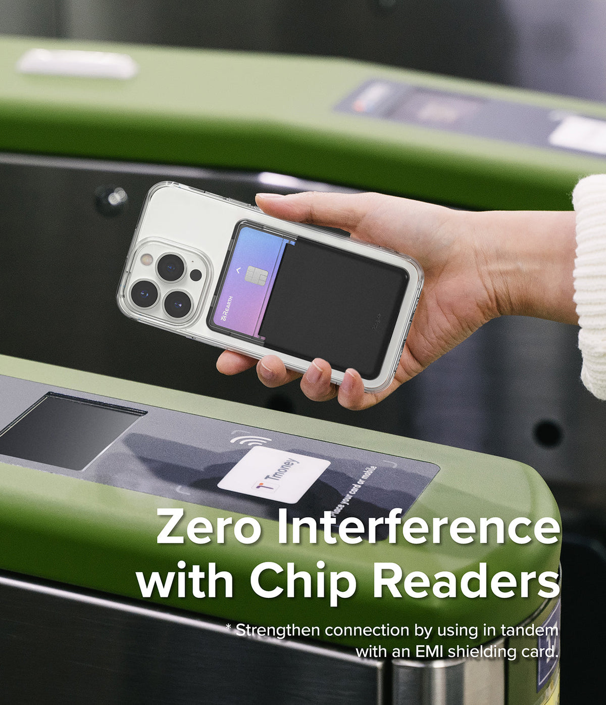 Card Holder | Stand Slot - Hand holding a phone with a card holder case over a transit turnstile chip reader.