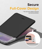 Card Holder | Stand Slot - Matte black card holder with a full-cover design and a diagram showing secure card retention.
