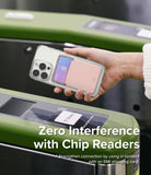 Card Holder | Stand Slot - Hand holding a phone with a card holder over a transit gate reader for contactless payment.