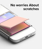 Card Holder | Stand Slot - A clear phone case with a pink protective flap covering a credit card slot to prevent scratches.