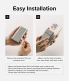 Card Holder | Stand Slot - Two-step installation guide showing adhesive film removal and attachment to the back of a smartphone.