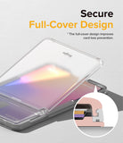 Card Holder | Stand Slot - Clear card holder with a secure, full-cover design and a diagram showing the locking mechanism.