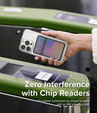 Card Holder | Stand Slot - Hand holding a phone with a card holder attached over a contactless transit gate reader.