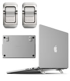 Step-Fit Mini Stand - A silver aluminum laptop stand and matching laptop sleeve shown on a white background, with a MacBook Pro inside the sleeve and additional views of the stand and sleeve components.