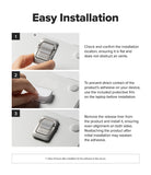 Step-Fit Mini Stand - Instruction graphic titled 'Easy Installation' showing three numbered steps with small photos of a hand applying a silver adhesive pad to a white laptop. Text explains how to check, peel off a protective film, and install the adhesive.