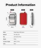 Step-Fit Mini Stand - Product information diagram for a Ringke Step-Fit Mini Stand, showing front, back, and side views with dimensions, plus a specification table listing material, size, weight, country of origin, and color.