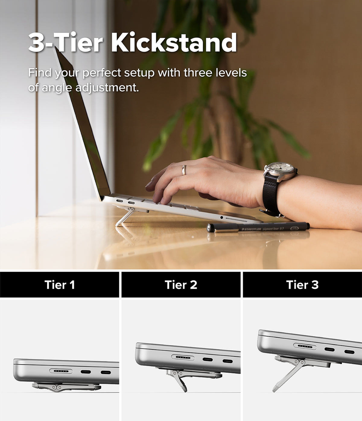 Step-Fit Mini Stand - A 3-tier laptop kickstand shown in use on a desk with a hand resting on a silver laptop, plus three labeled tiers below showing different stand angles. Text at the top reads '3-Tier Kickstand' with descriptive copy.