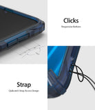 Galaxy A30 Case | Fusion-X - Close-up of blue phone case showing responsive buttons and a Quikcatch strap access point.