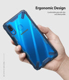 Galaxy A30 Case | Fusion-X - Hand holding a blue Samsung Galaxy A30 in a rugged, transparent blue Fusion-X protective case.