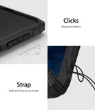 Galaxy A50 Case | Fusion-X - Close-up of responsive phone buttons and a Quikcatch strap hole on a black protective case.