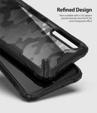 Galaxy A50 Case | Fusion-X - Black camouflage phone case with a semi-transparent 3D pattern on a Samsung Galaxy A50.