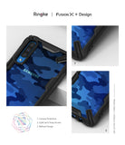 Galaxy A50 Case | Fusion-X - Blue camo phone case with black reinforced corners, camera protection, and strap access.