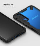 Galaxy A50 Case | Fusion-X - Black protective case on a blue Samsung phone showing precise camera and port cutouts.